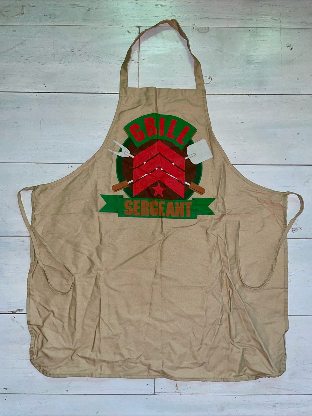 Grill Sergeant Tan Apron Red & Green Graphics by Hallmark Made in USA Back Tie